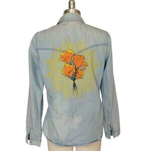 California Poppy Print Chambray Shirt Size M Retro Art to Wear Forever 21 Snap